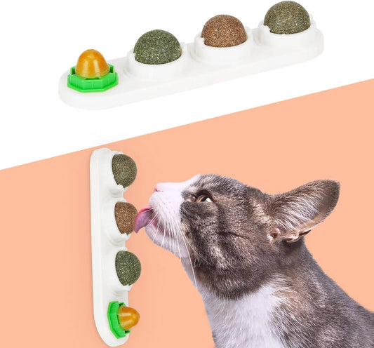 SINROBO Catnip Ball for Cats Wall 4 Pack Catnip Toys Silvervine Balls Edible Kitty Toys for Cats Lick Safe Healthy Kitten Chew Toys Teeth Cleaning Dental Cat Toys Cat Wall Treats (White)