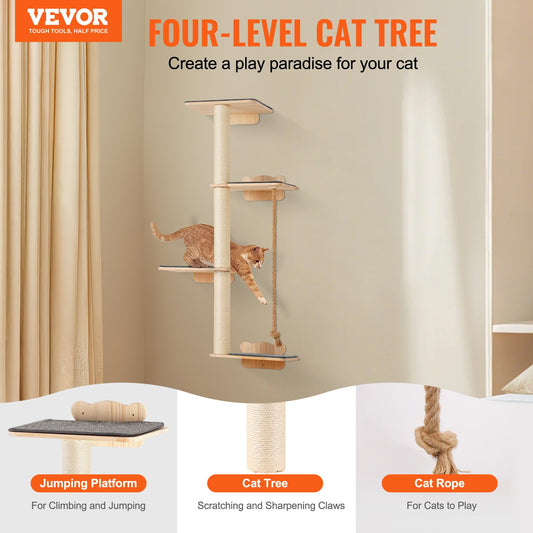 4 Tiers Tall Cat Tree, Cat Wall Furniture Set With 4 Jumping Boards, Wall-Mounted Cat Floating Shelf Up To 40 Lbs, 12 Mm Pine Wood Cat Perch For Sleeping, Playing, And Climbing