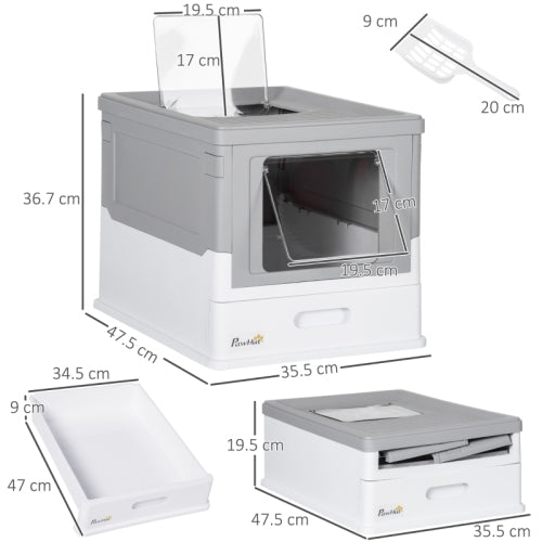 PawHut Hooded Cat Litter Box, Portable Pet Toilet, With Scoop, Front Entry - Grey